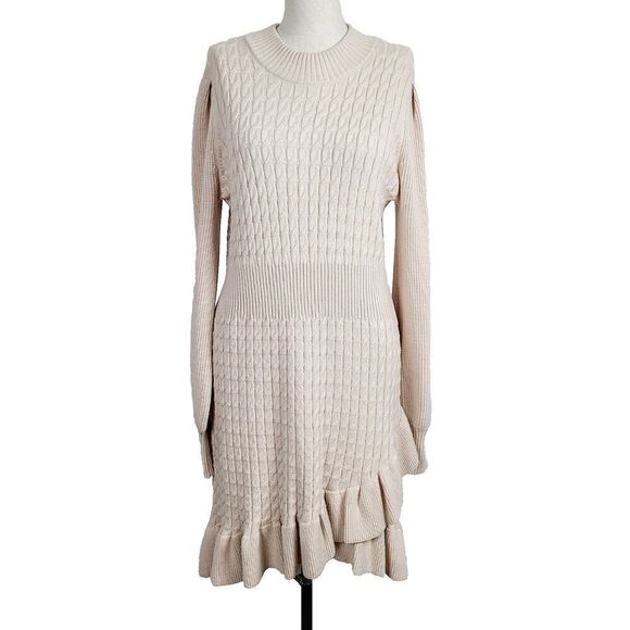 Flat White Urban Outfitters Sweater Dress L Cream Cable Knit Ruffle Pullover - Picture 1 of 8